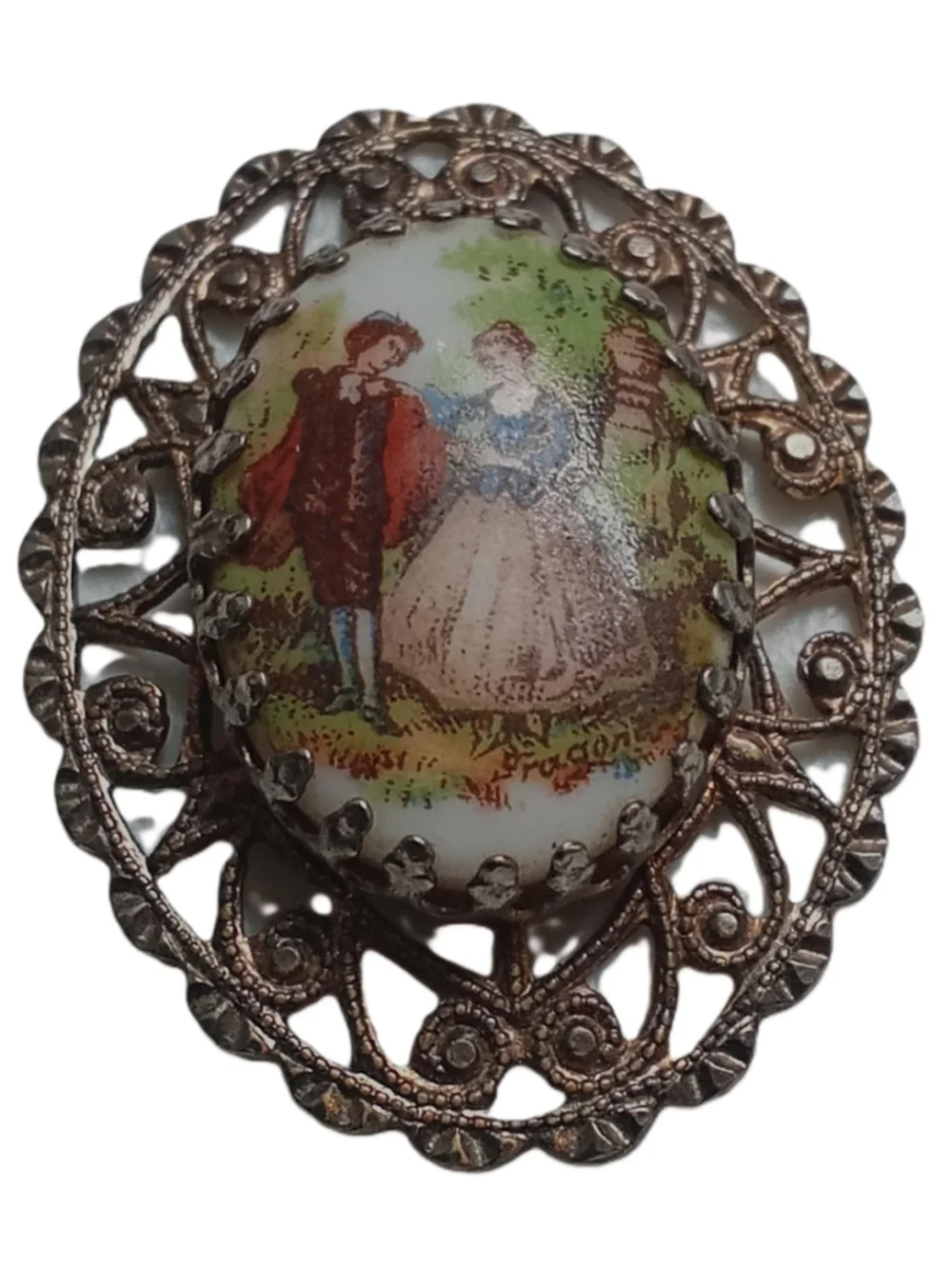 Vintage Gold Filigree Brooch Pendant Porcelain Fragonard Couple Scene